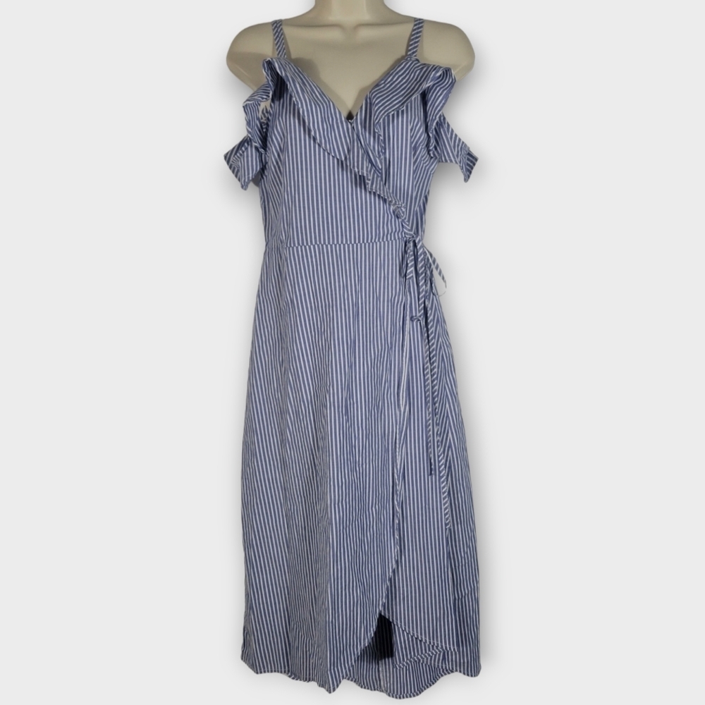 BP Size Small Cotton Blue & White Striped Faux Wrap Dress